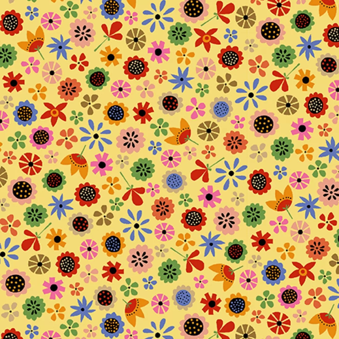 2yds Dandi-Lions for QT Fabrics - Tossed mini folk art flowers on yellow